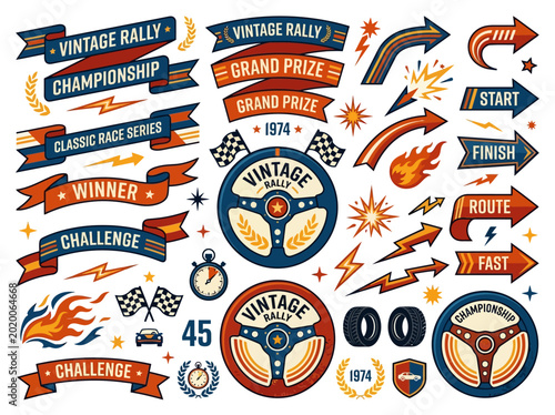 Retro vintage rally and classic championship racing design elements bundle with banners, speed icons, and automotive symbols.