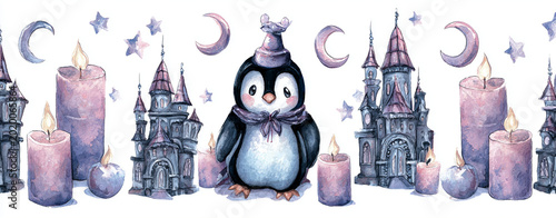 Whimsical Penguin in Fantasy Castle with Starry Sky and Candlelight - Watercolor Illustration for Children's Magical Storybooks