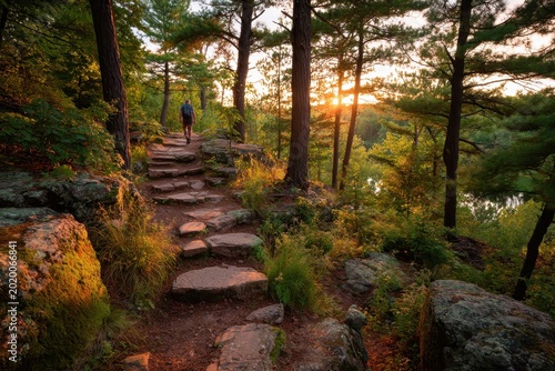 Devil's Lake area sunset glow over a forest trail with ancient stone steps in Wisconsin