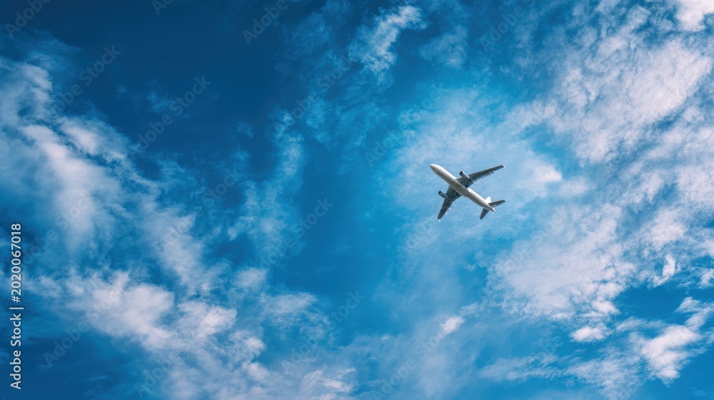 Fototapeta premium Distant passenger aircraft gliding through a clear blue sky with fluffy clouds, ideal header image