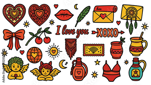 Quadro em tela Valentine vector set featuring colorful romantic icons including hearts cherubs