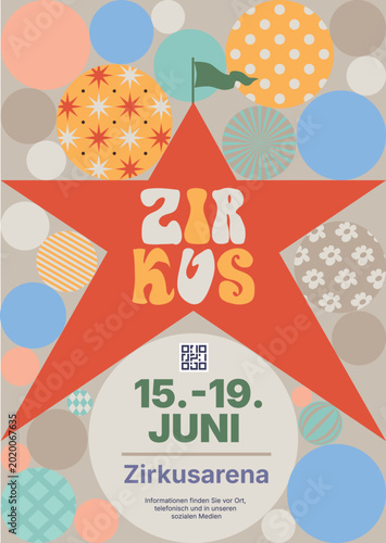 Abstract Circus Show Event Poster Design in German. Red Star Vector Advertising Template of Cirque Poster