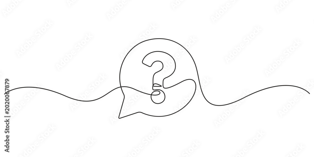 Obraz premium Question mark in speech bubble continuous line drawing on white background. Minimalist single line art illustration of question mark speech bubble for help and FAQ design.