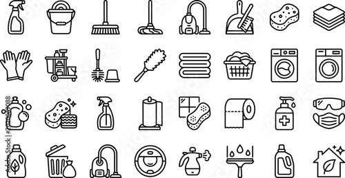 Cleaning services icon set line art illustrations for hygiene sanitation and domestic maintenance