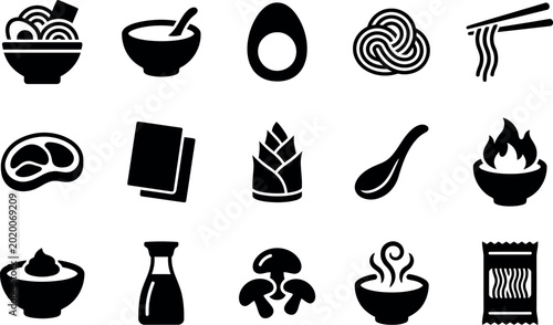 Bild auf Leinwand Black silhouettes of various Japanese food and cooking icons on white background