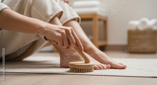 Closeup of a person performing a dry brushing foot massage with a wooden brush.