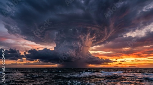 Dramatic Supercell Thunderstorm Over Ocean at Sunset.