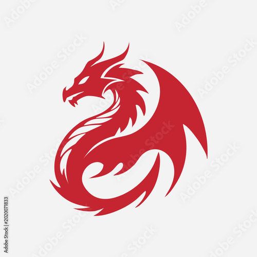 Canvas Print Red Dragon Logo Illustration in Abstract Tribal Fantasy Line Art Style
