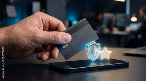 A hand holding a credit card over a smartphone with a glowing shield and star symbolizing secure online payment and protection