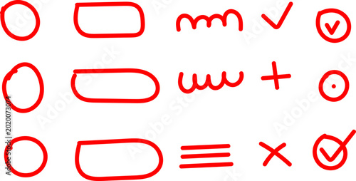 Hand drawn red checkmarks and shapes on white background