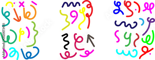 Colorful squiggly lines and arrows in various bright hues on white background