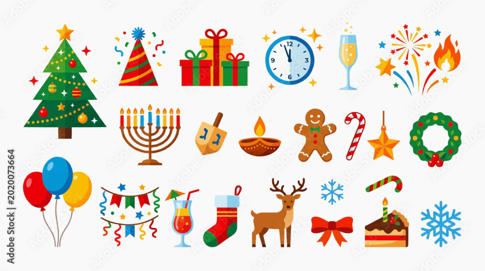 Naklejka premium A colorful set of holiday-themed illustrations including a Christmas tree, gifts, and ornaments, perfect for seasonal designs.