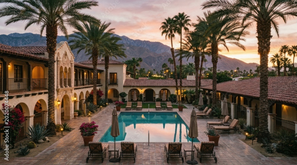 Fototapeta premium Luxury Desert Resort Courtyard with Pool at Sunset.