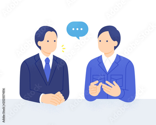 Foto スーツ姿の営業担当者と作業服姿の現場責任者が打ち合わせをする 上半身ベクターイラスト素材