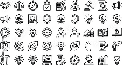 Business and finance line icons set growth security strategy and legal concepts