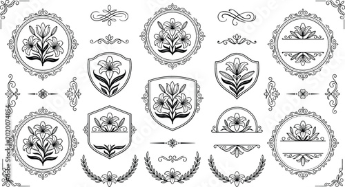 Tableau sur toile Vintage lily flower crest and emblem collection with ornamental frames shields l
