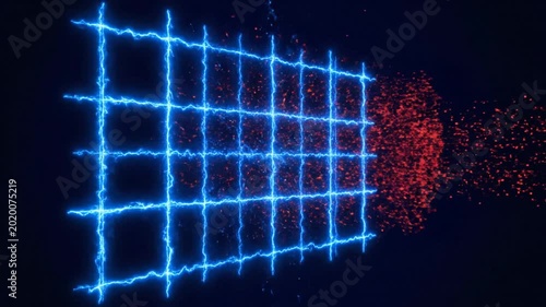 Blue Neon Electric Grid with Red Particles Flowing Through in 3D Motion Graphic Animation Background