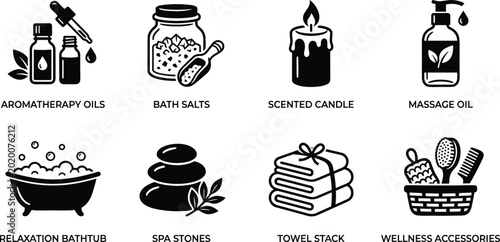 Bild auf Leinwand Aromatherapy spa wellness icon set featuring relaxation bathtub essential oils m