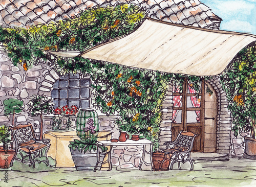 Cortile rustico toscano in acquerello
