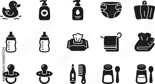 Baby newborn care essentials icon set with feeding bottles rubber duck diapers wet wipes thermometer powder and hygiene vector elements