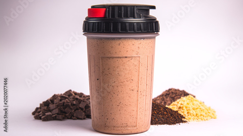 Chocolate protein shake in a shaker bottle with ingredients, white background