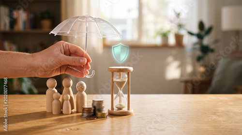 A hand protecting a family and savings with an umbrella and shield from financial risk and time pressure