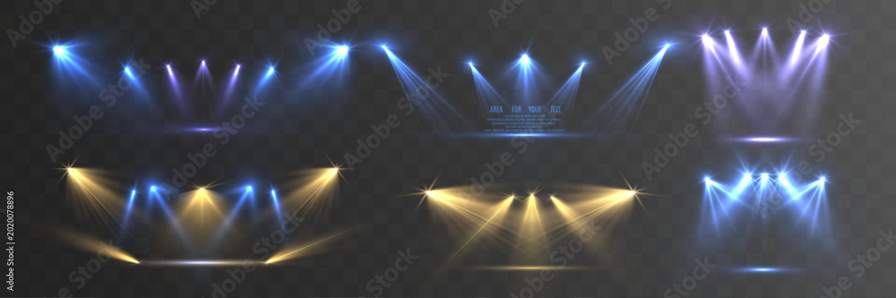 Ταπετσαρία Set of blue and golden concert stage spotlights with glowing beams and illuminated floor effects isolated on transparent background for event and show design