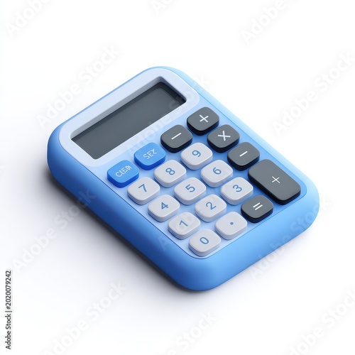Glossy 3D calculator icon in isometric view with rounded keys and a bright display