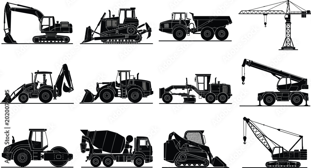 Obraz premium Heavy Construction Machinery Silhouette Collection Featuring Excavator Bulldozer Dump Truck Crane and Industrial Equipment Vector Set