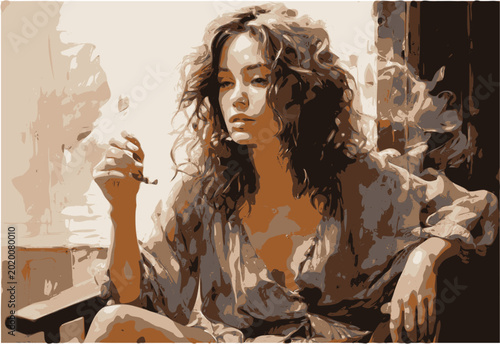 Mujer fumando al lado de una ventana. 8 colores.