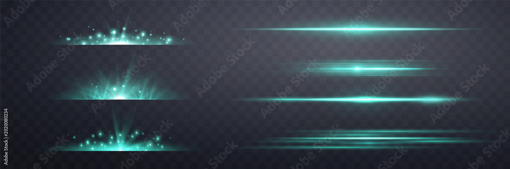 Fototapeta premium Teal lens flares set. Isolated on transparent background. Sun flash with rays or spotlight and bokeh. Glow flare light effect. Vector illustration.