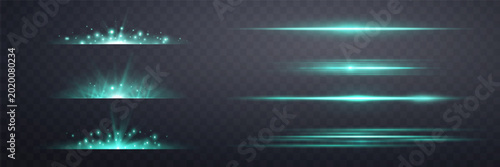 Teal lens flares set. Isolated on transparent background. Sun flash with rays or spotlight and bokeh. Glow flare light effect. Vector illustration.