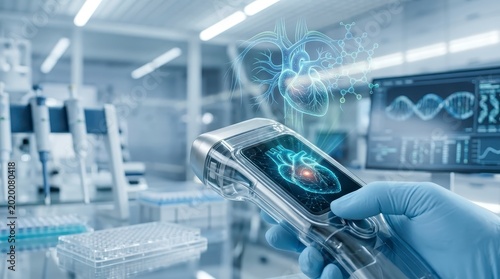 Scientist holding medical device with heart hologram in lab