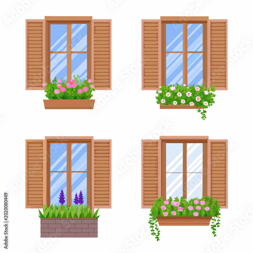 Foto Four windows with wooden shutters and flower boxes illustrate a charming view