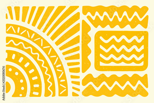 Abstract yellow geometric shapes with textured wavy and linear designs