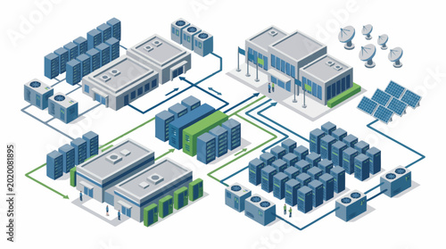 Fotografie Modern industrial complex with data servers and cooling systems.