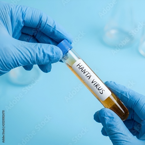 Main gantée de bleu tenant un tube à essai d'échantillon sanguin positif au hantavirus dans un laboratoire de recherche médicale et de virologie