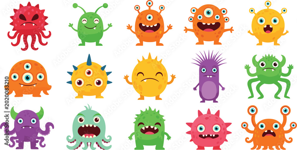 Obraz premium Cartoon Monster Icon Set with Colorful and Playful Alien Creatures for Kids, Halloween, and Fantasy Design Themes
