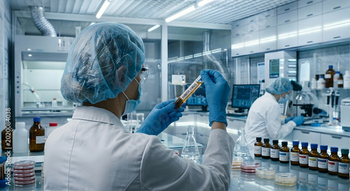 Scientifique de dos examinant un tube d'échantillon de hantavirus sur une paillasse de laboratoire de recherche médicale haute technologie