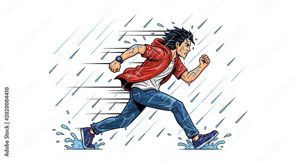 Fototapeta premium young man running in rain storm with puddles on white background vector
