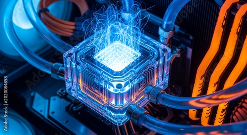 Advanced CPU cooling system with glowing blue and orange energy flows