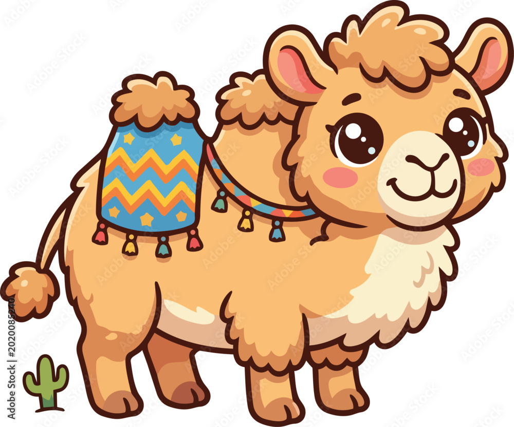 Fototapeta premium A cartoon llama with a colorful blanket and tassels stands next to a small cactus.