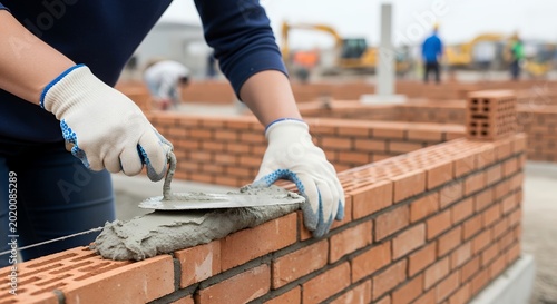 Woman building brick wall on construction site for foundation health concept