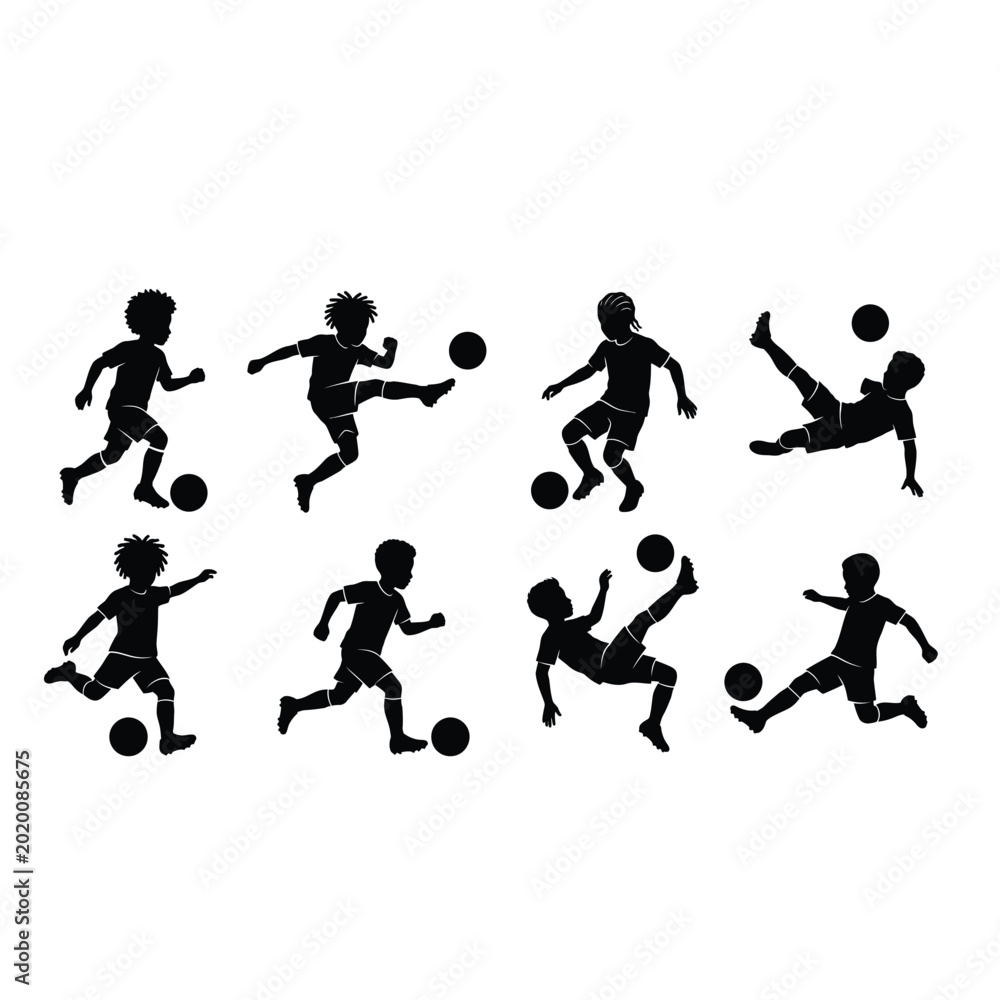 Fototapeta premium Kids Soccer Player Silhouette Set Vector Illustration