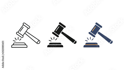 Gavel and sound block vector illustration set in line and flat styles