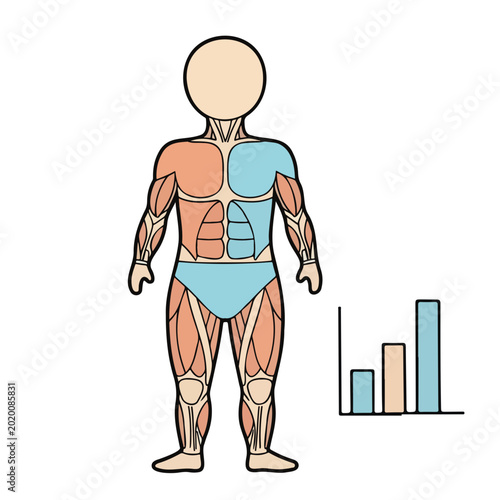 Anatomical illustration of muscular human body with growth chart  