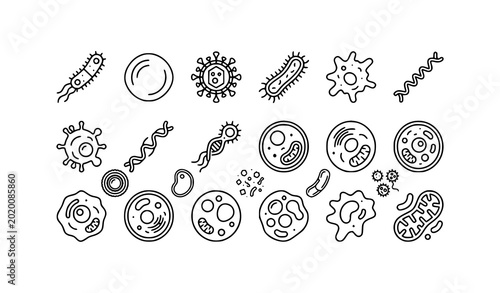 Foto Minimalist bacteria line art icon collection with scientific microorganism and m