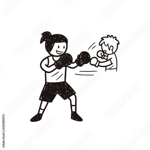 Woman boxing with a boy during training for sports and fitness  