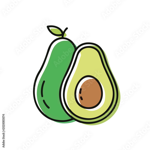 Two green avocados, one sliced, showing seed and fresh color