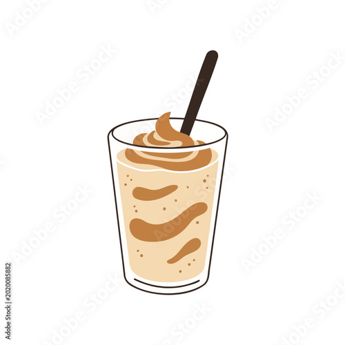 Iced coffee drink with cream and straw in clear glass  